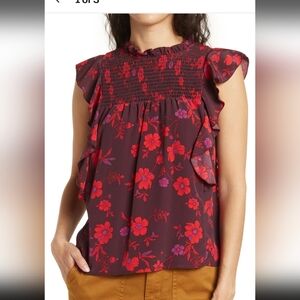 Sanctuary Sleeveless Smocked Floral Blouse With Ruffle Accent - Red and Purple